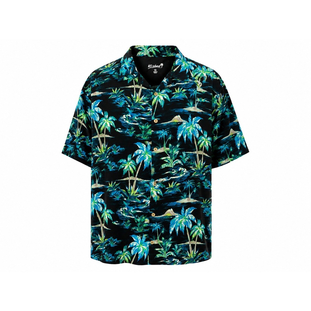 KS Island Mens 4XL Big Hawaiian Shirt Black Teal Tropical Palm Tree Rayon Button